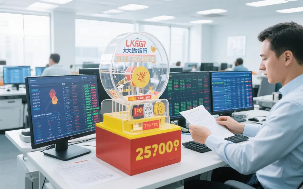 数据分析师在电脑前梳理大乐透开奖及奖池数据，办公环境明亮高效